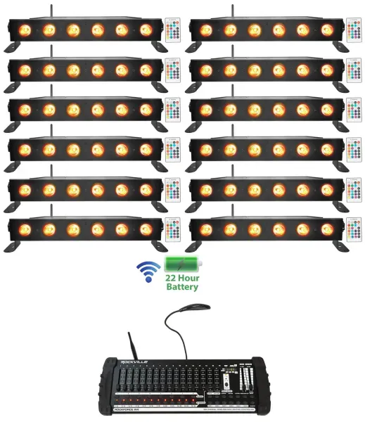 (12) Rockville BEST STRIP 60 Battery Light Bars+384 Ch. Wireless DMX Controller