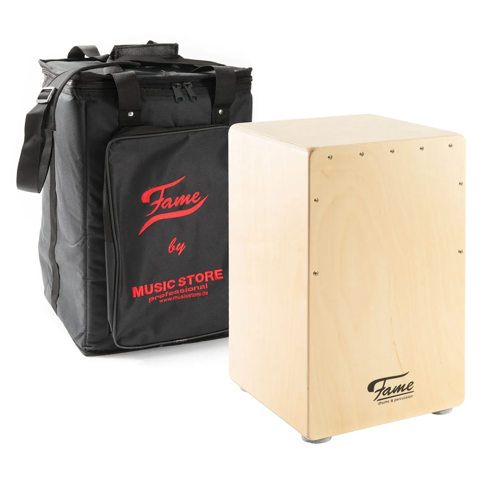 Fame Cajon Set Birch Snare Adjustable Frontplate Natural Finish Pro Bag Incl.