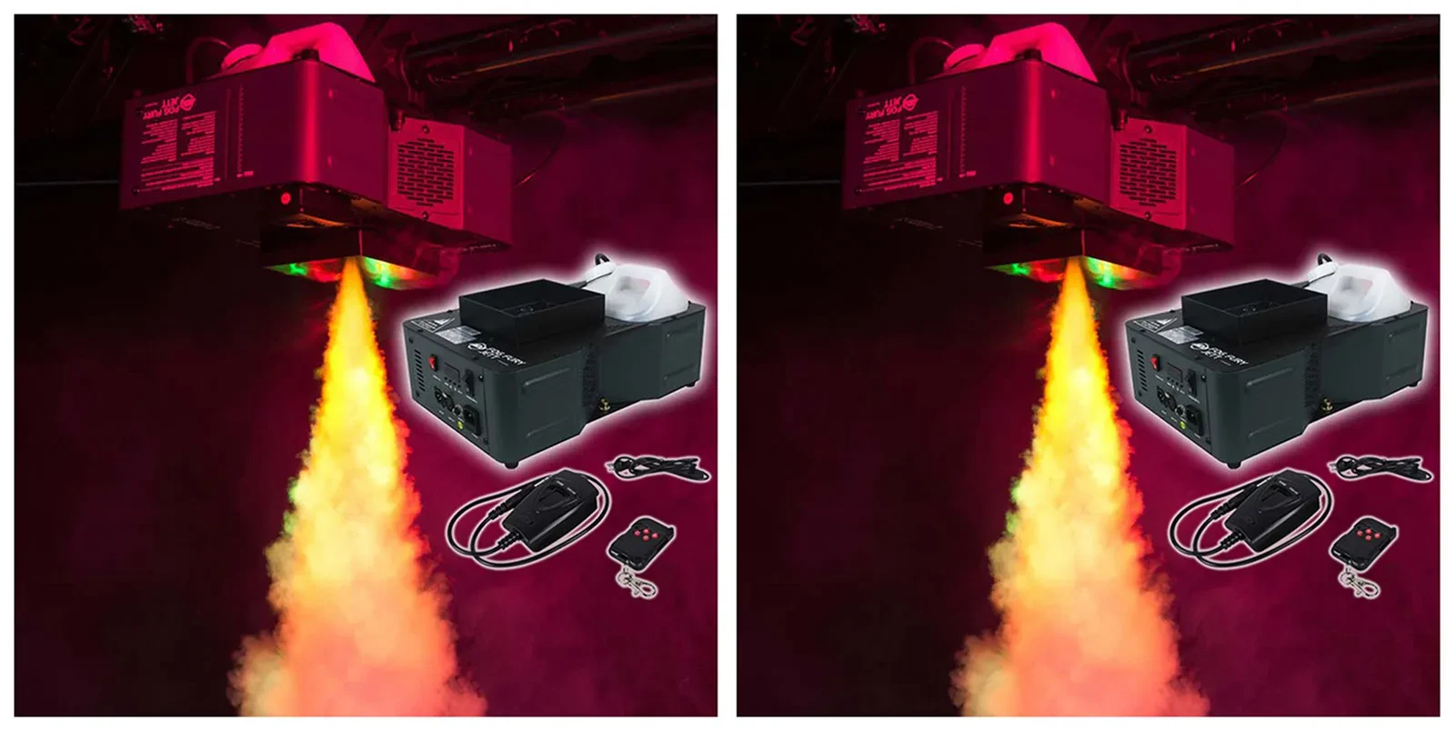 (2) American DJ Fog Fury Jett Vertical Fog Machines w/12 LED+DMX+Wireless Remote