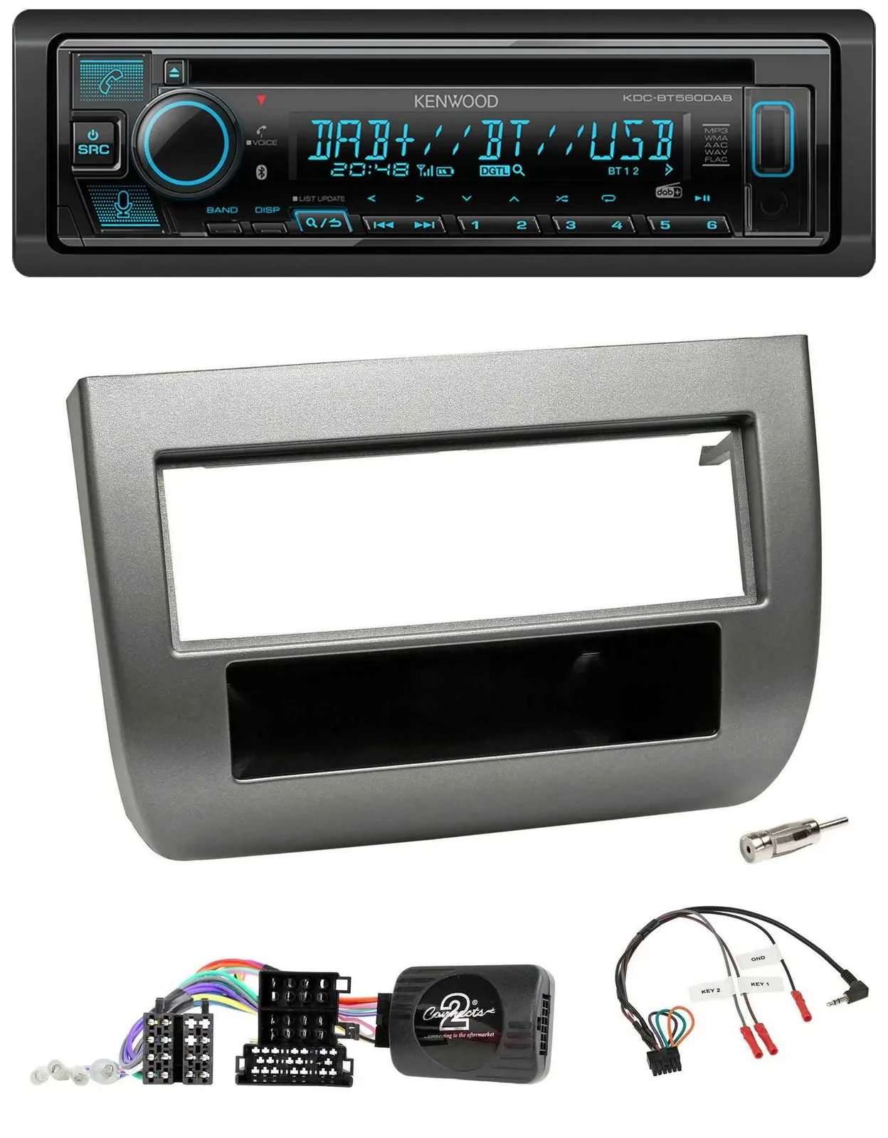 Автомагнитола Kenwood Bluetooth DAB CD USB для Lancia Y (2005–2011) темно‑серебристая