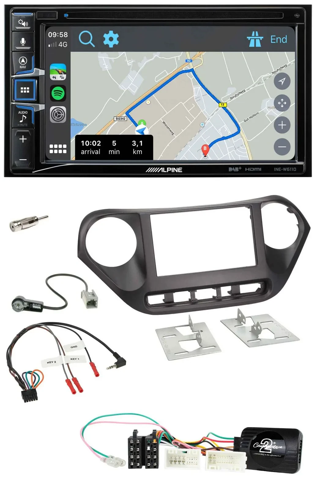 Автомагнитола для Hyundai i10 (с 2014) Alpine DAB, TMC, Bluetooth, 2DIN, USB, поддержка кнопок на руле, навигация