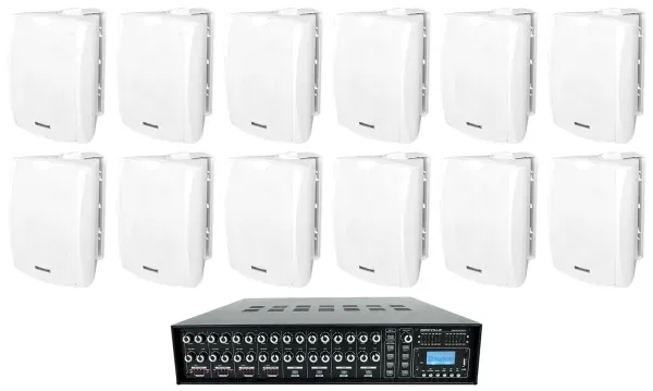 (12) 6.5" White Wall Speakers+4-Zone Matrix Amplifier Amp 4 Restaurant/Cafe/Bar