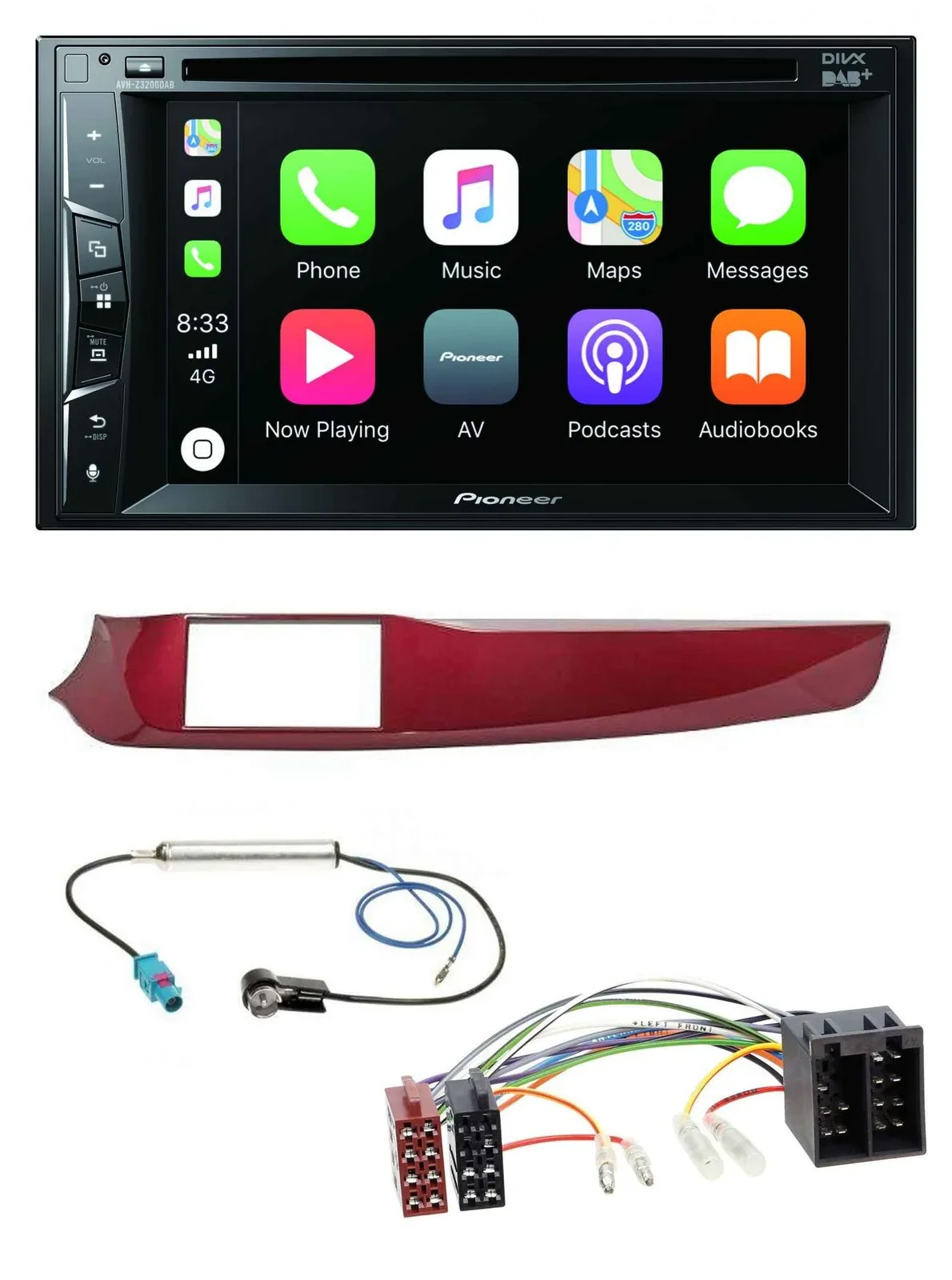 Автомагнитола для Alfa Romeo Giulietta (2010–2013) Pioneer 2-DIN, MP3, USB, DVD, Bluetooth, DAB, красный, глянец