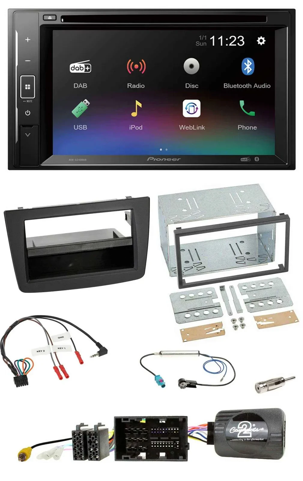 Автомагнитола Pioneer 2DIN, Bluetooth, USB, DAB, DVD для Alfa Romeo MiTo (2014–2018), черный