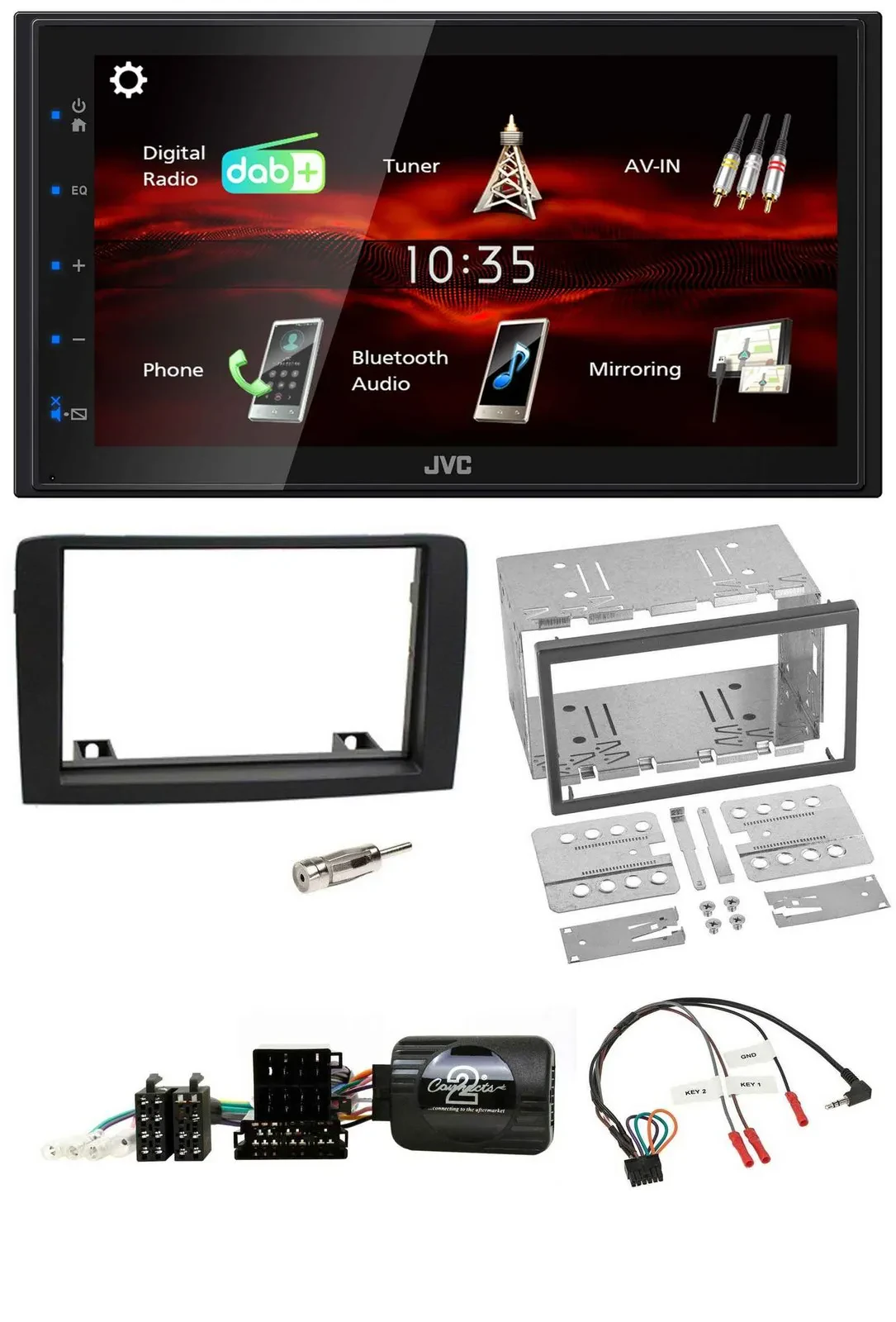 Автомагнитола для Fiat Idea 2006–2012 JVC 2DIN, DAB, USB, Bluetooth, черная, поддержка кнопок на руле