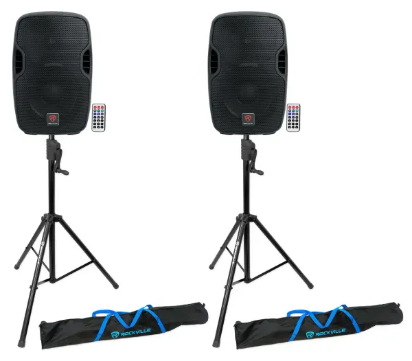 (2) Rockville BPA10 10" Powered 400 Watt DJ PA Speakers+Crank-Up Speaker Stands