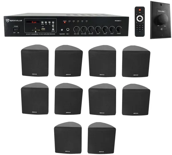 Rockville Commercial Restaurant Amp+10) Black 3.5" Cube Speakers+Wall Controller