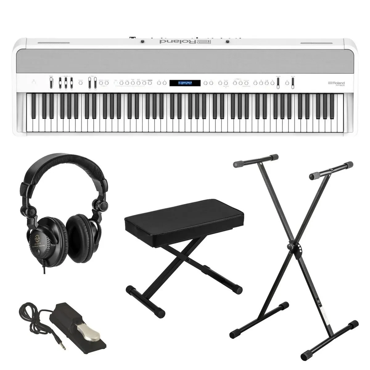 Roland FP-90X 88-Key Portable Digital Piano, White Bundle with Stand, Bench, Sus