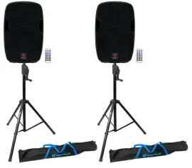 (2) Rockville BPA15 15" Powered 800 Watt DJ PA Speakers+Crank-Up Speaker Stands