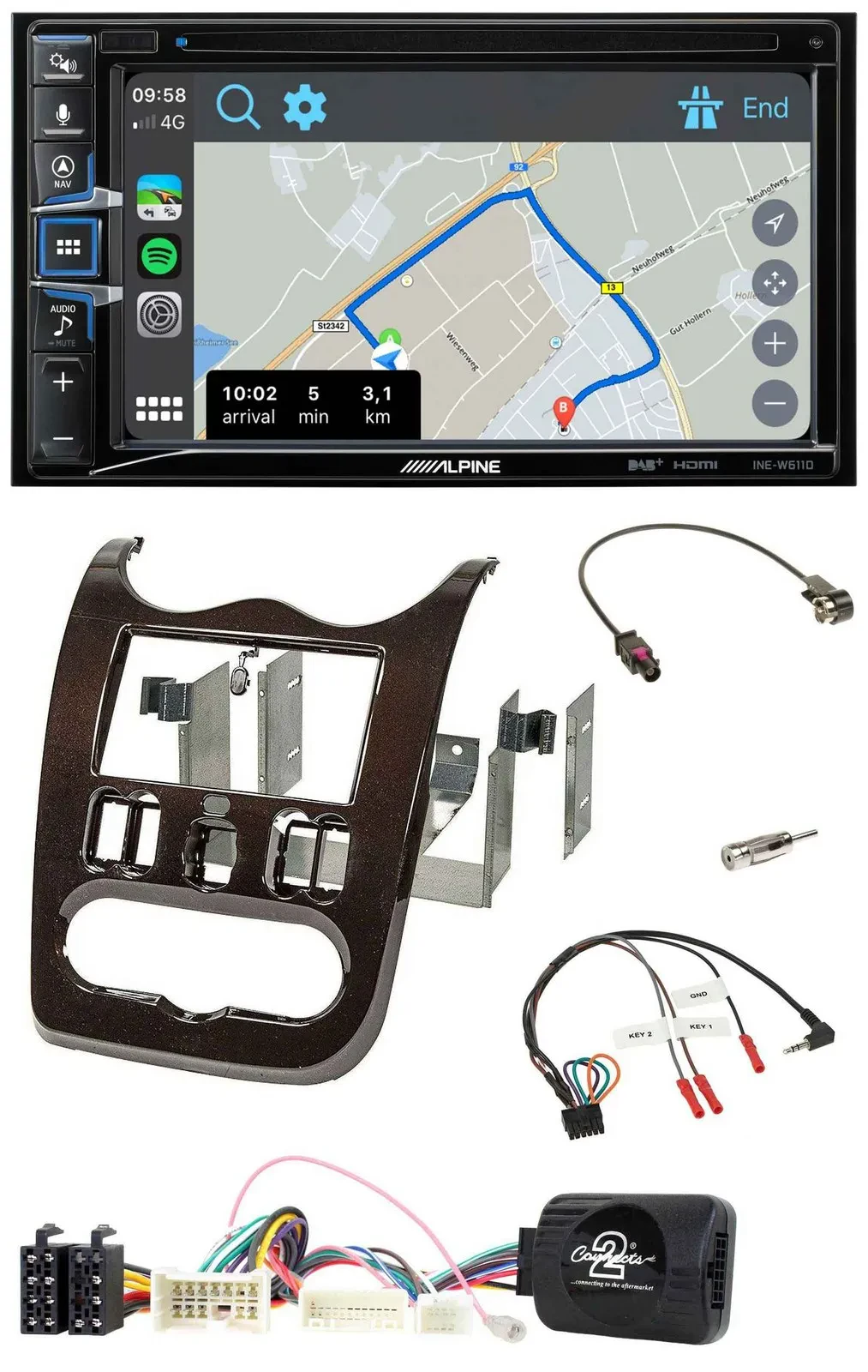 Alpine DAB TMC Bluetooth 2DIN USB Lenkrad Navigation für Dacia ab 12 dunkelbraun