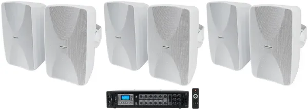 Rockville 6-Zone Commercial/Restaurant Bluetooth Amp+6) White 6.5" Wall Speakers