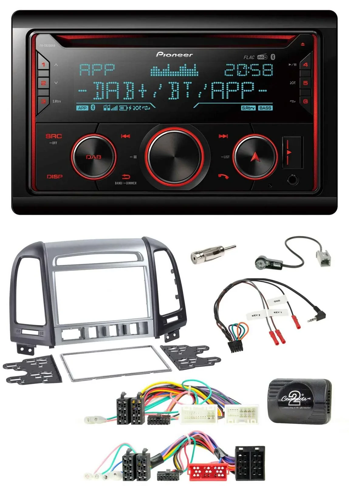 Автомагнитола для Hyundai Santa Fe Pioneer 2-DIN, DAB, Bluetooth, USB, CD, поддержка кнопок на руле