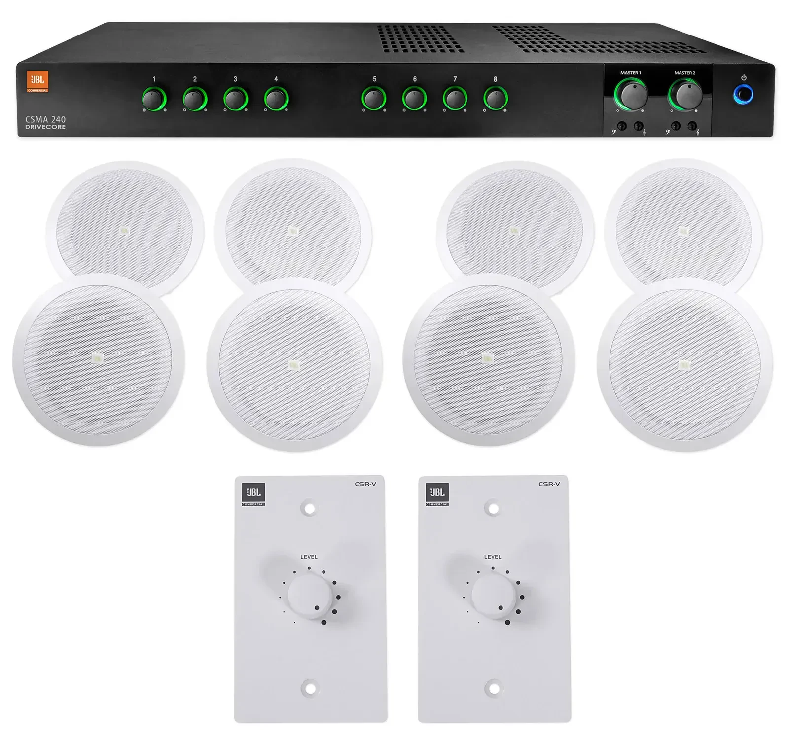 JBL CSMA240 Commercial Amplifier+(8) 8" In-Ceiling Speakers+White Wall Controls