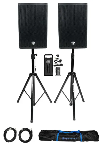 (2) Rockville DX15 15" 2000 Watt Powered DJ PA Speakers+Mic+Stands+Cables+Bag