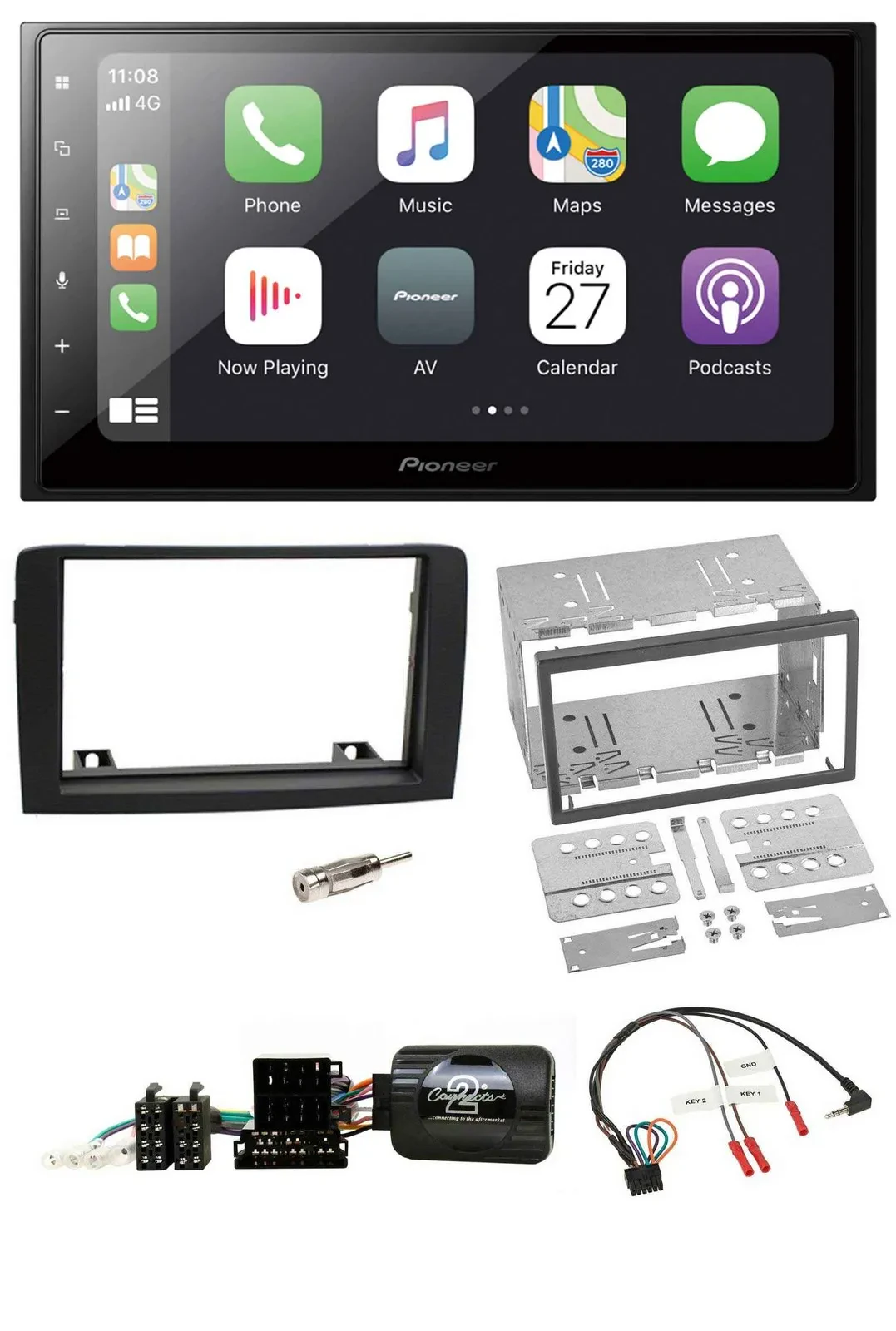 Pioneer Lenkrad Bluetooth DAB 2DIN USB Autoradio für Fiat Idea 06-12 schwarz