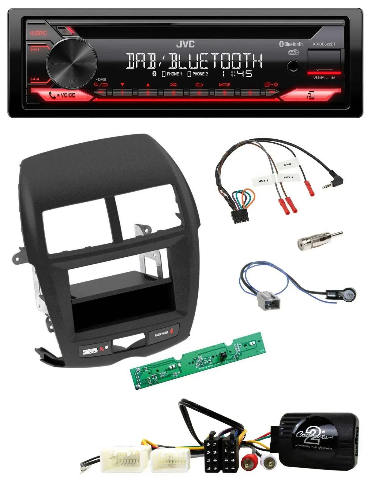 Автомагнитола для Mitsubishi ASX 2010–2014 JVC CD, DAB, USB, Bluetooth, поддержка управления на руле