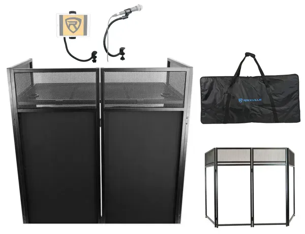 Rockville ROCKBOOTH XL DJ Facade w/Table+Bag+Scrim+Gooseneck Tablet+Mic Stands