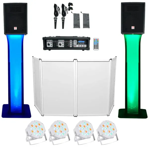 DJ Package w/10" Speakers+Bluetooth Mixer+Mics+Tripod+Totem Stands+Facade+Lights