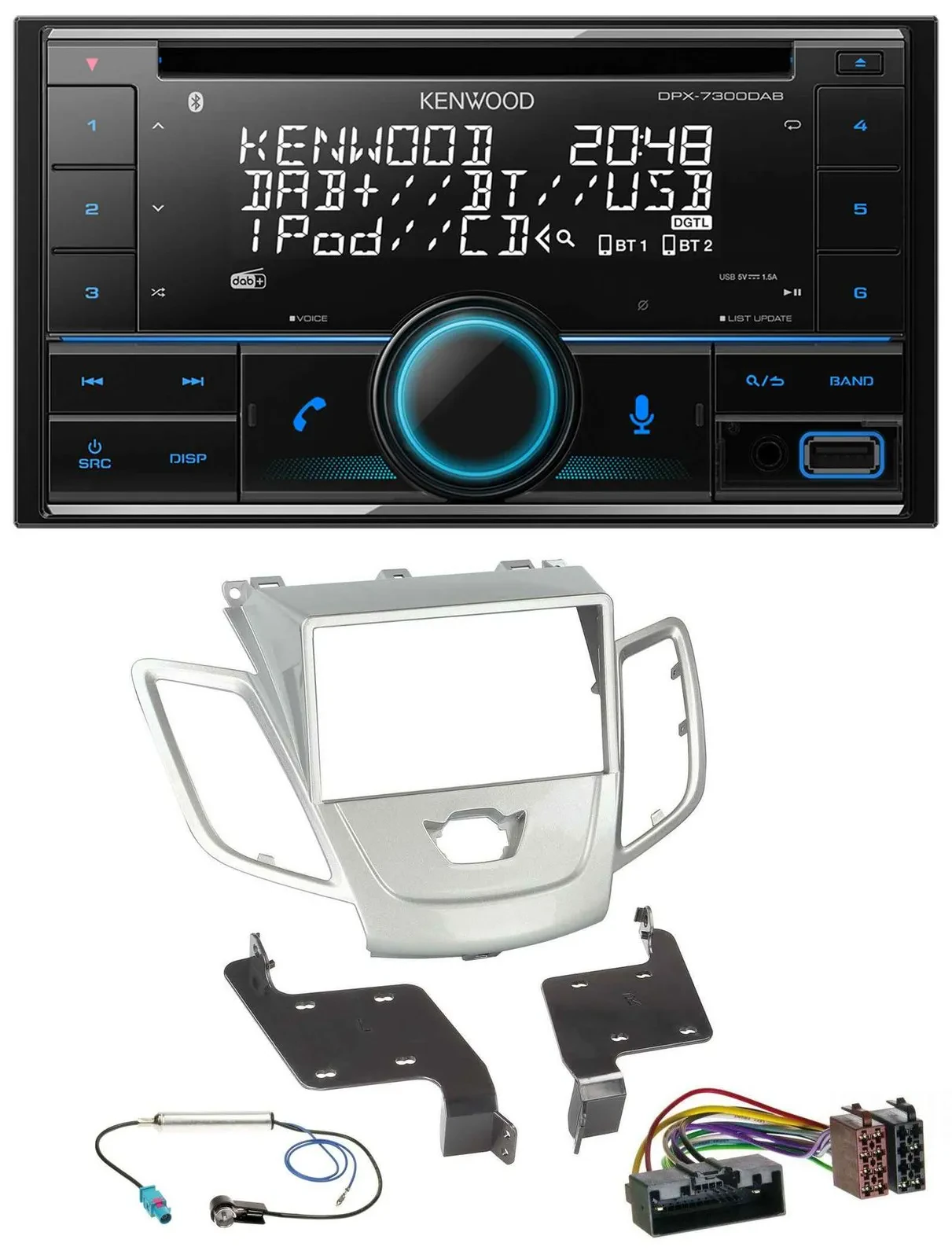 Автомагнитола Kenwood CD 2-DIN DAB USB MP3 Bluetooth для Ford Fiesta (2010–2017) серебристая