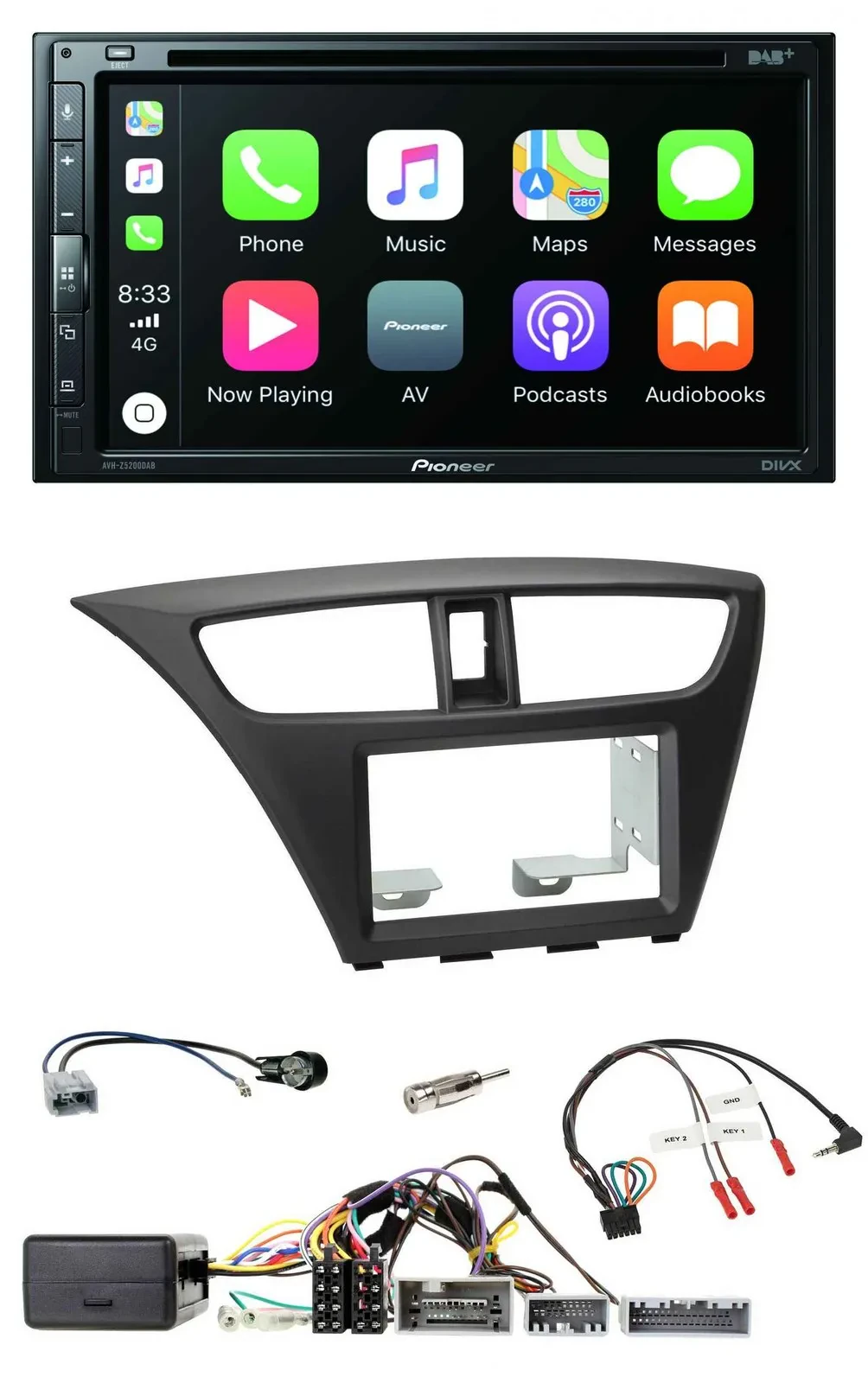 Автомагнитола для Honda Civic Pioneer 2-DIN DVD DAB Bluetooth USB, поддержка кнопок на руле, черная