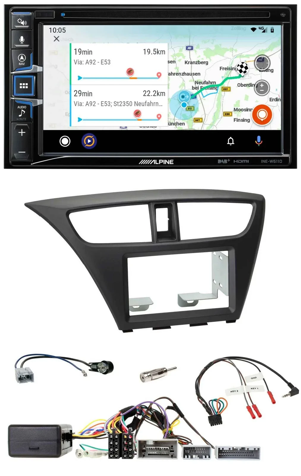 Alpine Bluetooth TMC USB DAB 2DIN Lenkrad Navigation für Honda Civic ab 12 schwa