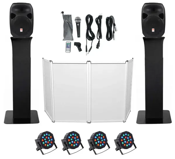 DJ Package w/Dual 12" Bluetooth Speakers+Mic+Tripod+Totem Stands+Facade+Lights