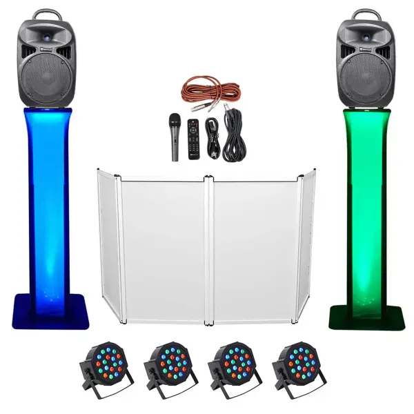 DJ Package w/Dual 8" Bluetooth Speakers+Mic+Tripod+Totem Stands+Facade+Pars