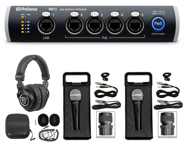 PRESONUS SW5E 5-Port AVB Switch w/ PoE, Rack Mountable+Headphones+(2) Mics+Cases