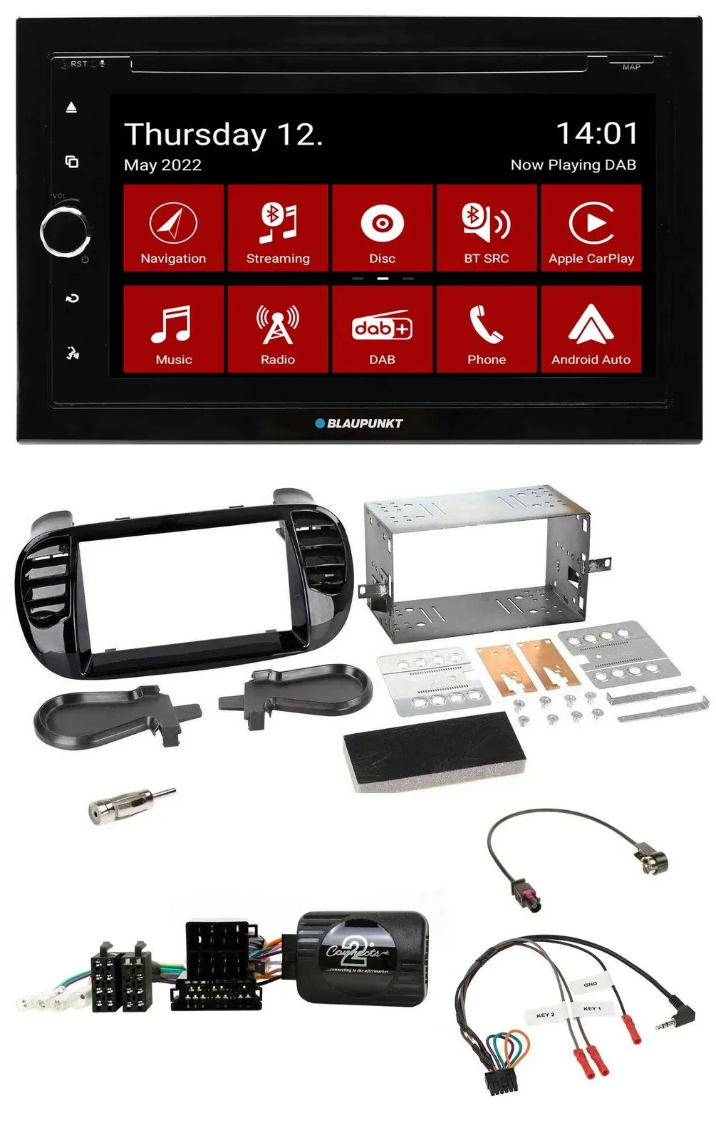 Автомагнитола Blaupunkt 2DIN, навигация, Bluetooth, USB, DAB, TMC для Fiat 500 (2008–2015), разъём Fakra