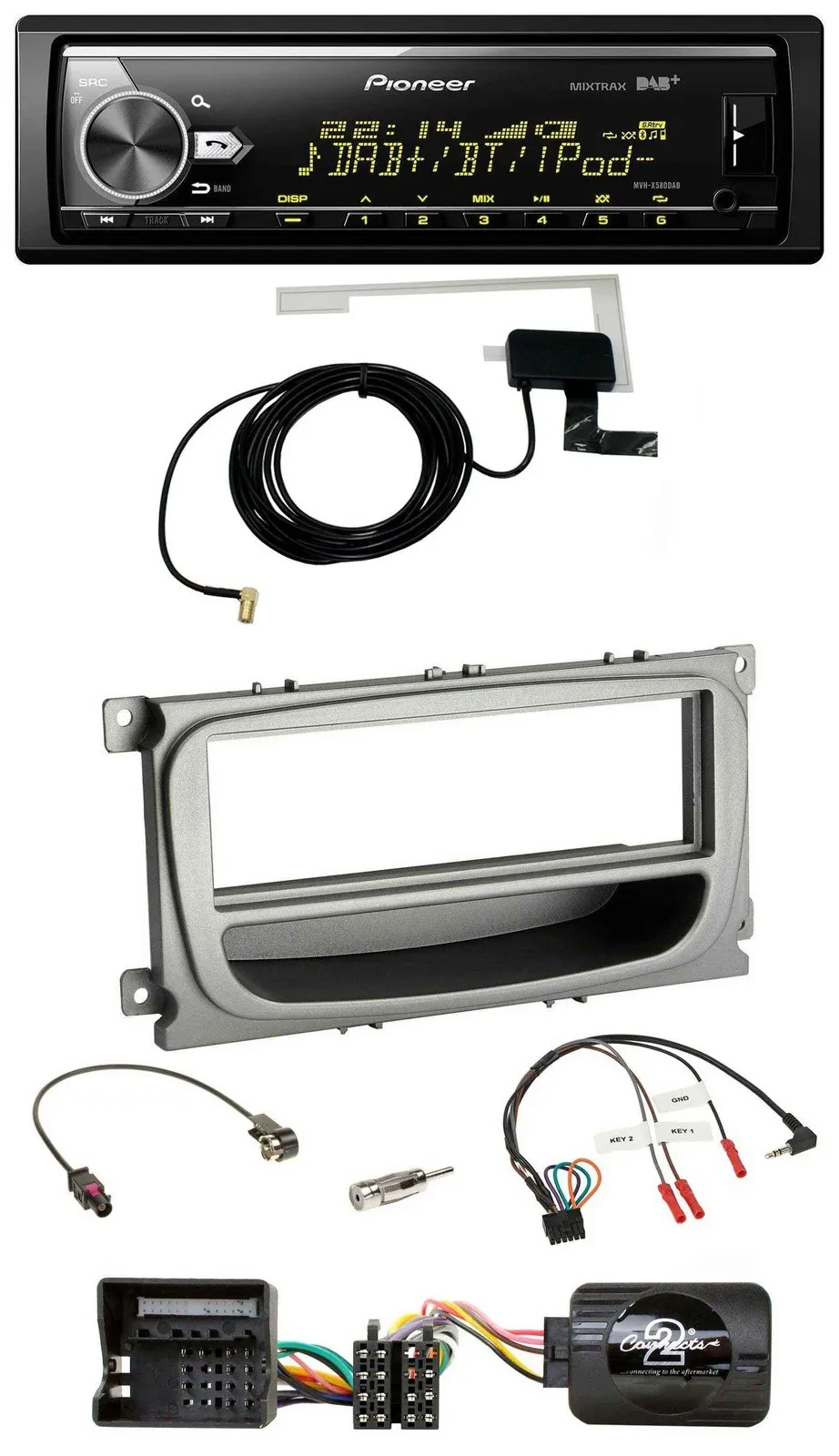 Автомагнитола для Ford Mondeo/S-Max (с 2007) Pioneer Bluetooth, DAB, USB, поддержка кнопок на руле, серебристая