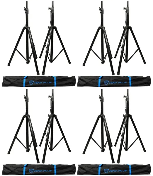 (4) Pairs Rockville Tripod DJ PA Speaker Stands+Carrying Cases - 8 Stands Total