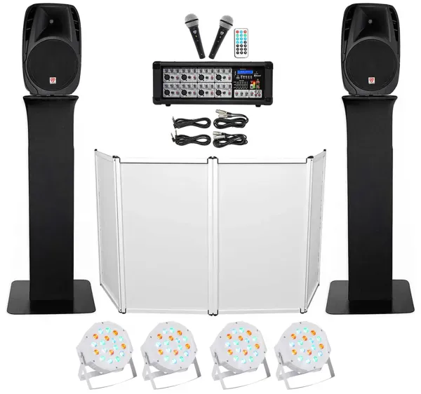 DJ Package w/15" Speakers+Bluetooth Mixer+Mics+Tripod+Totem Stands+Facade+Lights