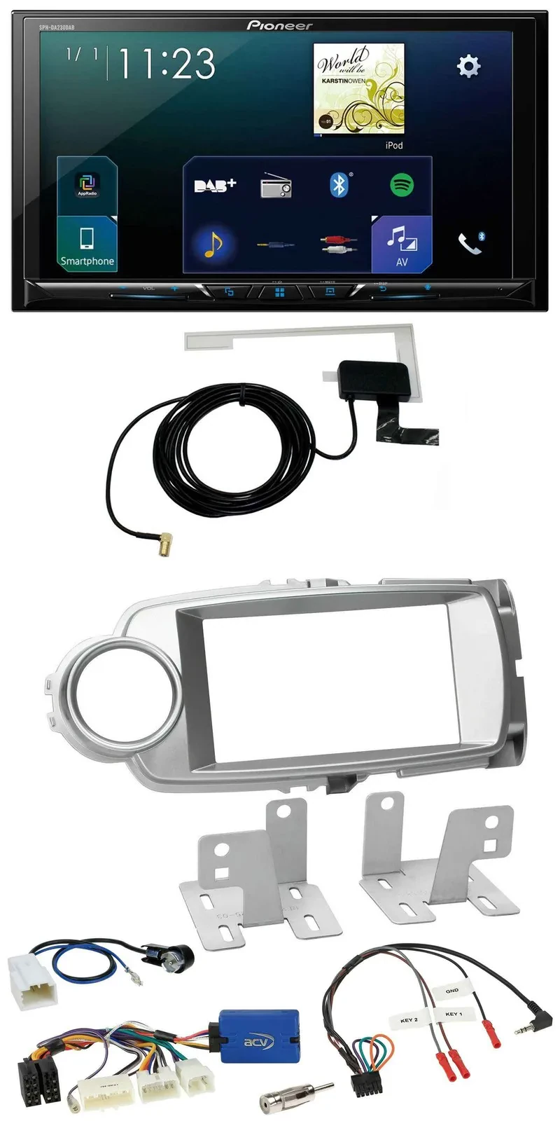 Автомагнитола Pioneer 2DIN DAB USB Bluetooth для Toyota Yaris 2011–2014 серебристая