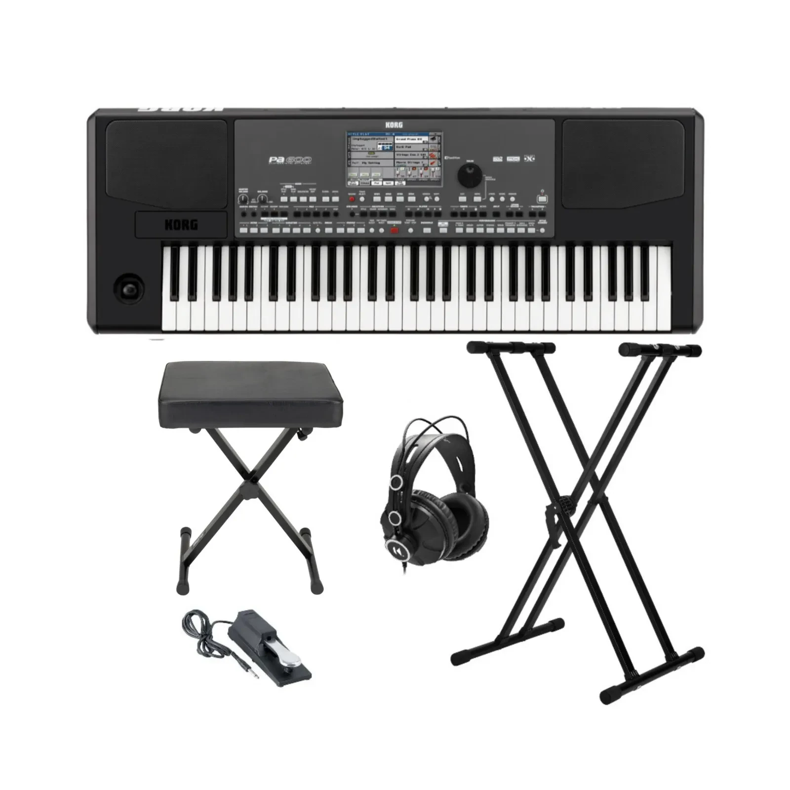 Korg PA600 61-Key Professional Arranger Keyboard with Bench and Accessory Bundle