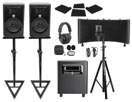 2 JBL 308P MkII 8" Studio Monitors+Stands+Subwoofer+Headphones+Mic+Vocal Shield