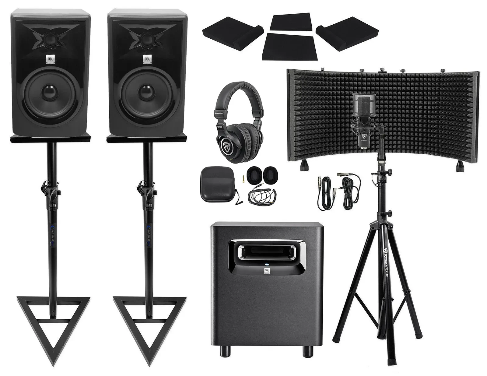 2 JBL 308P MkII 8" Studio Monitors+Stands+Subwoofer+Headphones+Mic+Vocal Shield