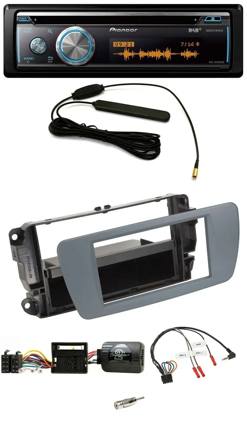 Автомагнитола Pioneer CD, USB, Bluetooth, DAB для Seat Ibiza, серый, поддержка кнопок на руле