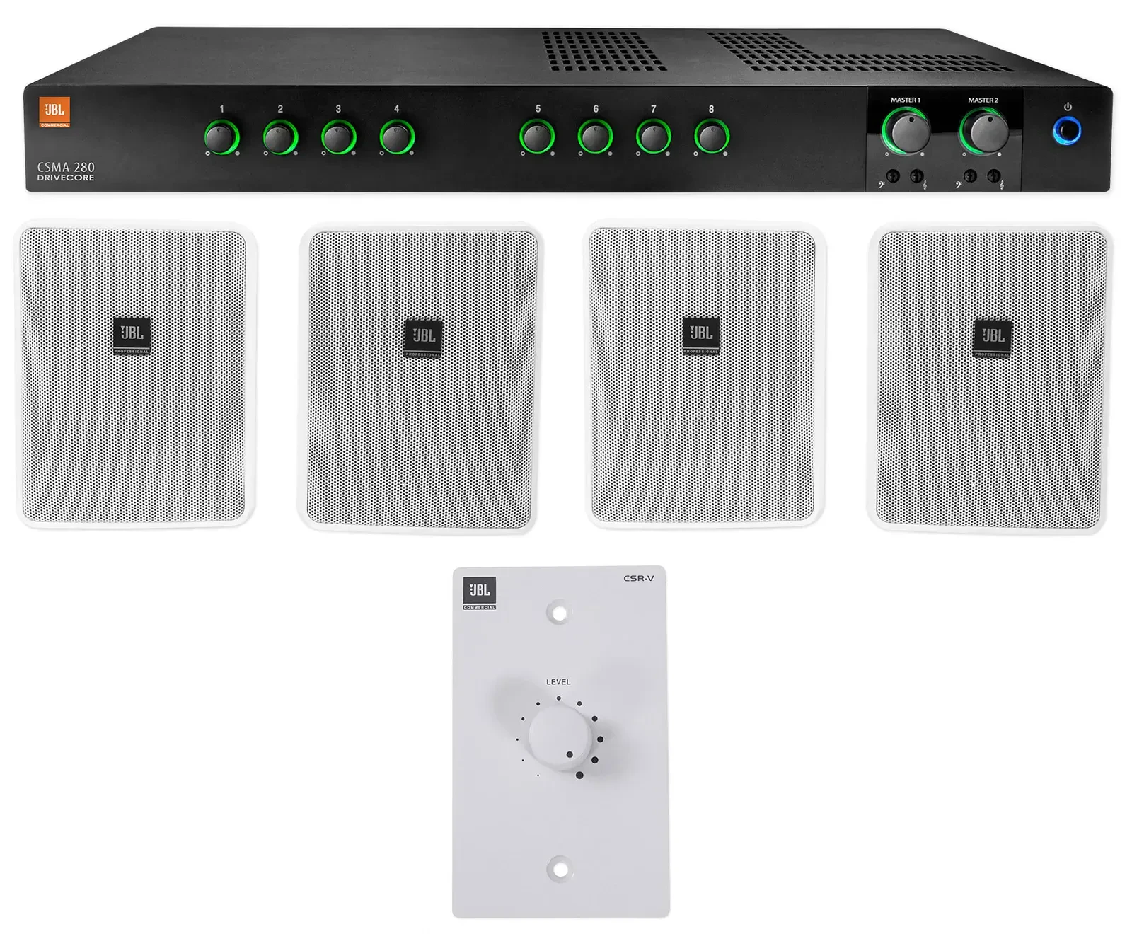 JBL CSMA280 Commercial Amplifier+(4) 6.5" White Wall Speakers+Wall Controller