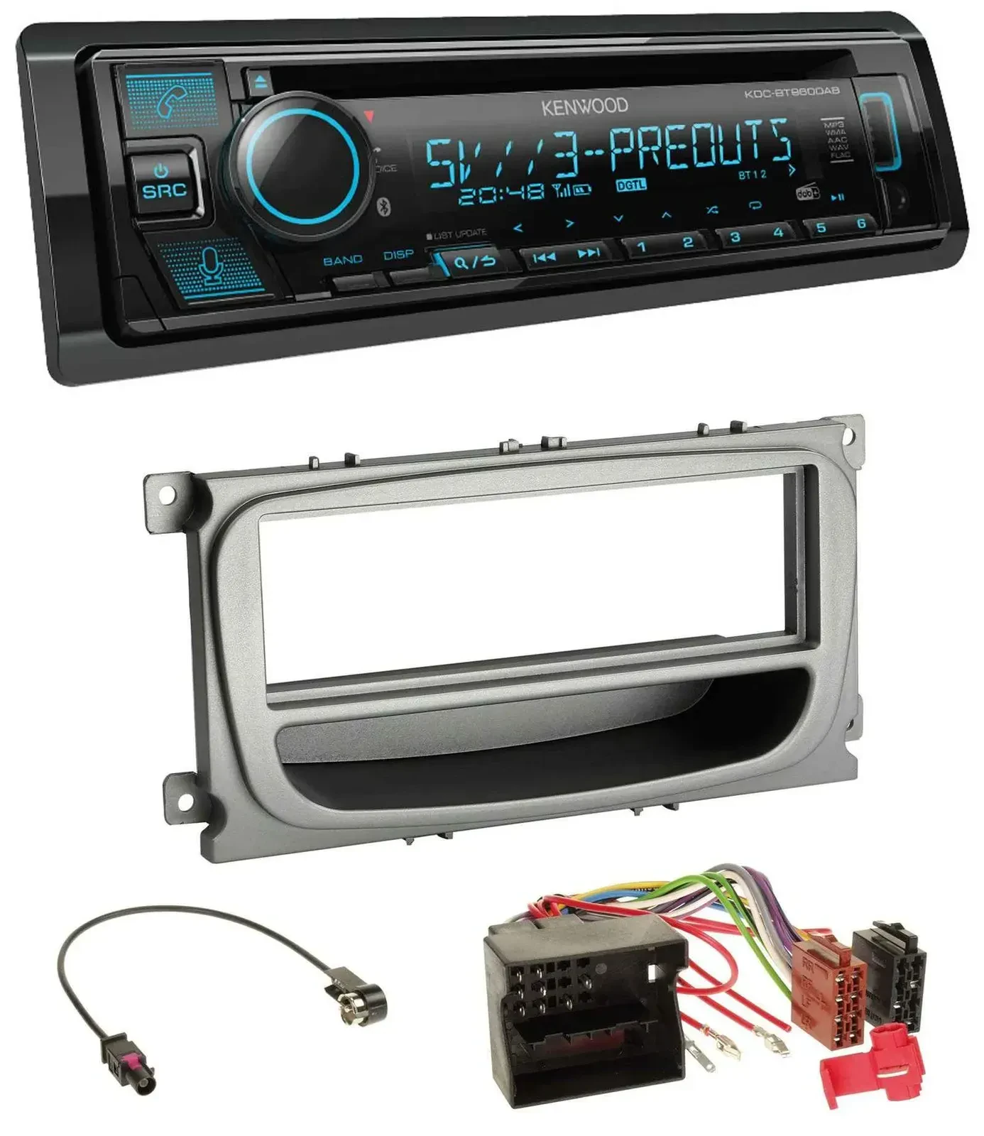 Автомагнитола Kenwood CD/MP3, Bluetooth, USB, DAB для Ford Mondeo/S-Max (2007–2014), серебристая