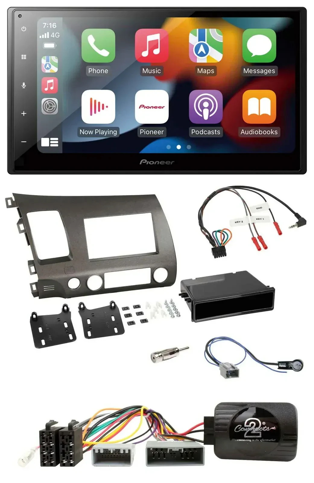 Автомагнитола для Honda Civic 2006–2010 Hybrid Pioneer 2-DIN, DAB, Bluetooth, USB, поддержка управления с рулевого колеса