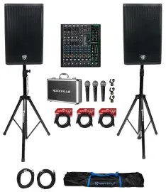 (2) Rockville DX15 15" 2000w Powered Active DJ PA Speakers+Mackie Mixer+(3) Mics