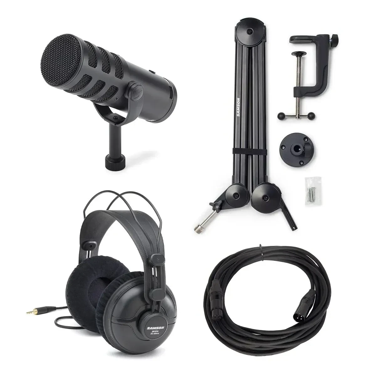 Samson Q9U Broadcast Microphone w/ Boom Arm, Headphones, & Cable