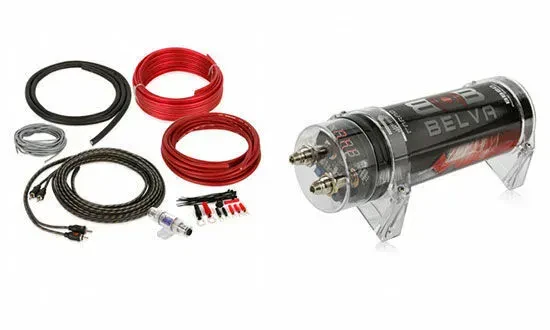 Конденсатор для автомобильной аудиосистемы Belva BB2D 2 F с красным цифровым вольтметром + комплект проводки 8 AWG (набор)