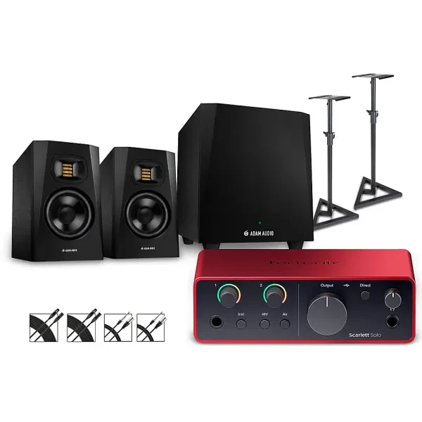 Focusrite Scarlett Solo Gen 4 w/Adam Audio T-Series Monitors/Sub/Stand/Cable T5V