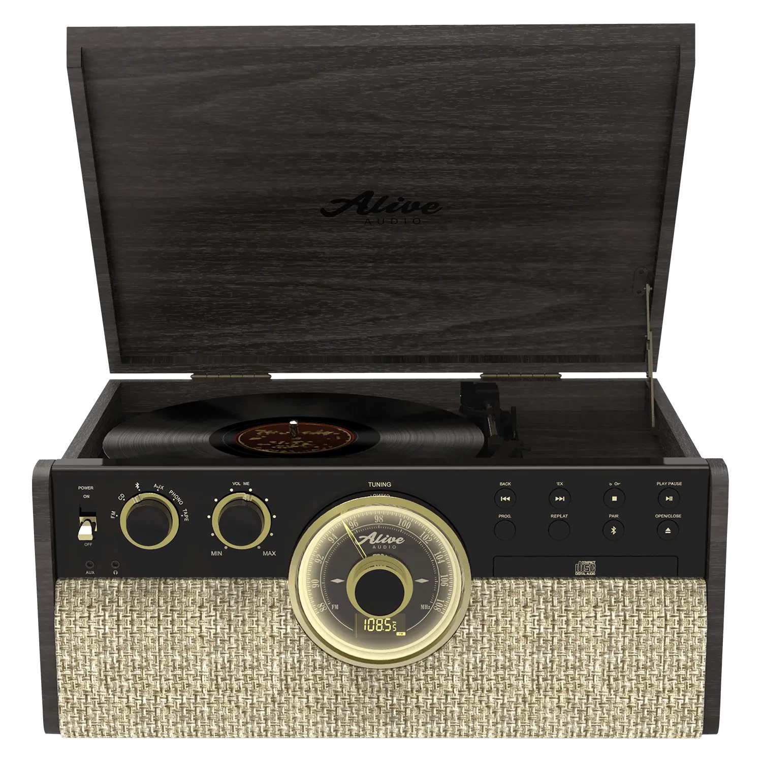 Виниловый проигрыватель Alive Audio Great Gatsby Dark Wood (CD, FM-радио, кассетник, Bluetooth, встроенная акустика)