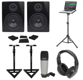 (2) Rockville 5.25" 250w Active Studio Monitors+Stands+Headphones+Mic+Pads