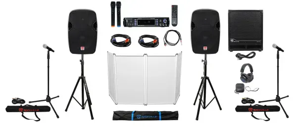 (2) 12" DJ Speakers+Subwoofer+Amplifier+Headphones+Facade+Mics+Stands+Cables+Bag