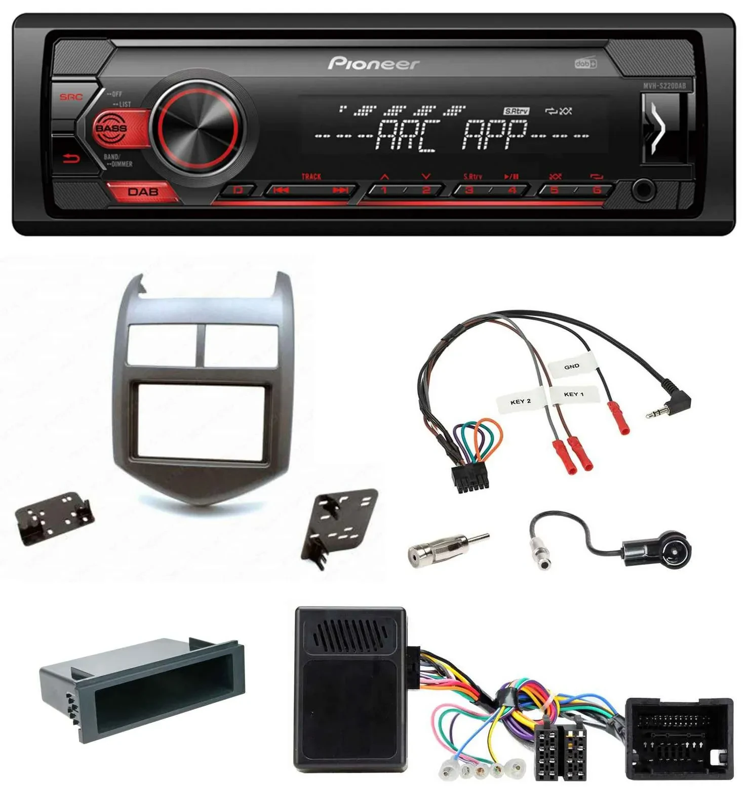 Автомагнитола Pioneer 1DIN, DAB, MP3, USB, поддержка кнопок на руле, для Chevrolet Aveo (с 2011), темно-серая