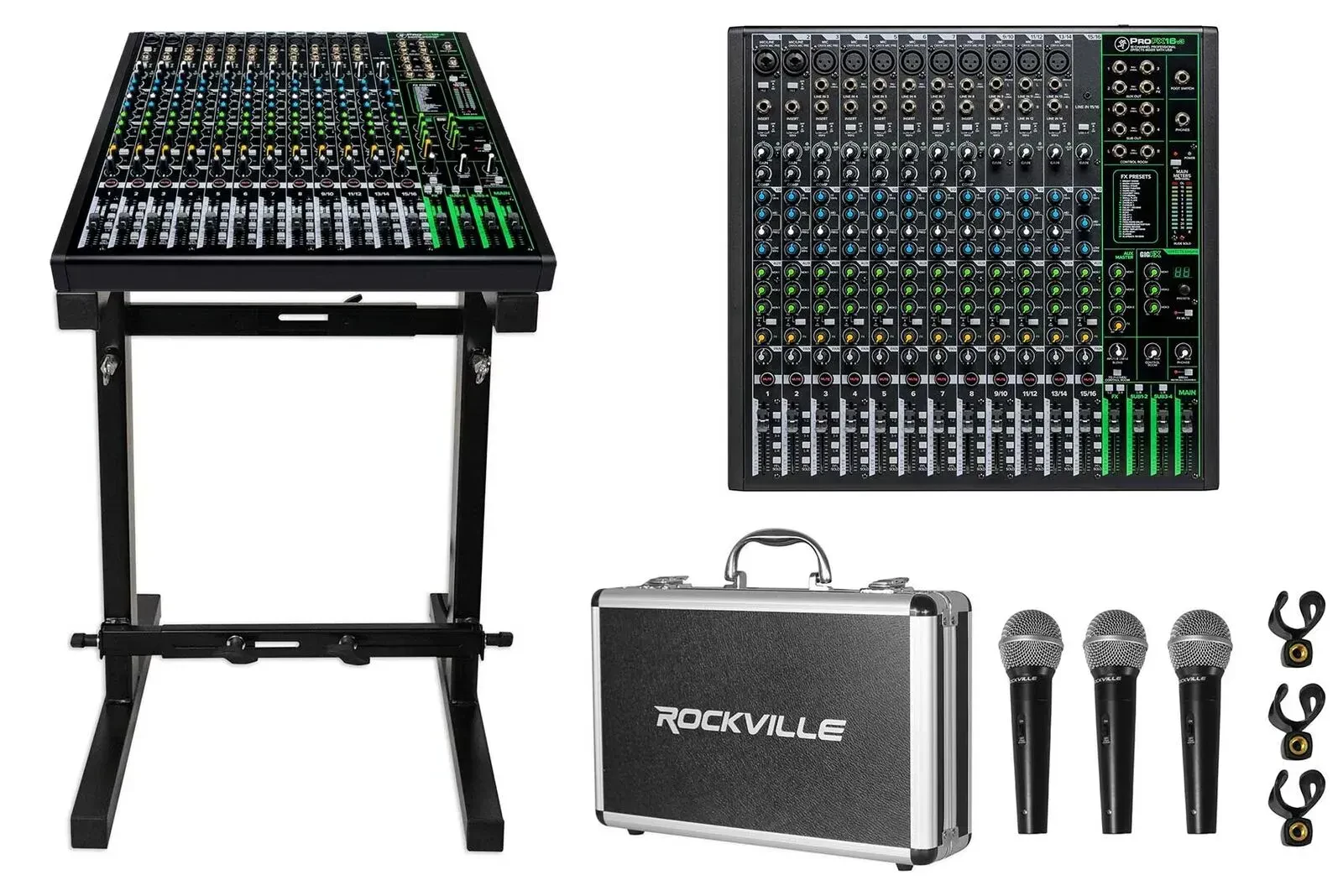 Микшерный пульт Mackie ProFX16v3, 16-канальный, с USB и эффектами (набор) со стойкой, 3 микрофонами и кейсом