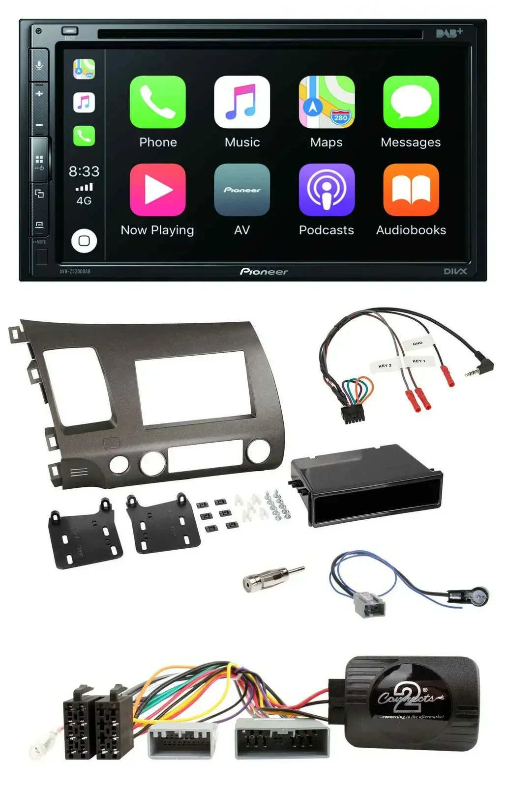 Автомагнитола Pioneer 2DIN, DVD, DAB, Bluetooth, USB для Honda Civic (2006–2010)